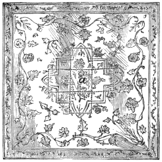 Fig. 251. — The prepared handkerchief spread flat, with the five hinged pasteboard squares hidden inside it shown by dotted lines in the form of a cross, the centre piece a in the middle.