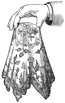 Fig. 252. — A hand holding the handkerchief from above, the folded pasteboard square making the shape of the die beneath the cloth, with the folds hanging down around it.