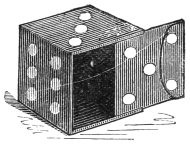 Fig. 254. — The hollow tin die, with its sliding lid drawn partly out at one side, showing the open face and the folded-over edge of the lid.