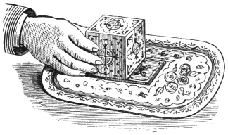 Fig. 256. — A hand sliding the cover, with the hollow die inside it, along the tray, leaving the moveable side behind on the centre of the tray.