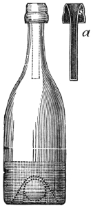 Fig. 258. — The prepared wine bottle, with the tin tube a shown in dotted outline inside the neck and drawn again separately beside it, and the cavity at the bottom holding a ball in its cement.