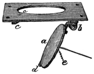Fig. 262. — The plain trap seen from above at an angle, the flap a swung down open on its hinge b, with the stop d on its edge and the cord hanging from the eyelet e; c marks the bolt on the surface plate.