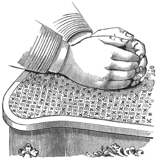 Fig. 265. — Both of the performer’s hands curved round the orange on the patterned cloth of the table, as though to pick it up between them, completely hiding the trap beneath.