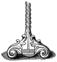 Fig. 280. — The foot of a mechanical piece on a scrolled base, with dotted lines showing the vertical rod running down the twisted shaft to the flat pedal disc at the bottom.