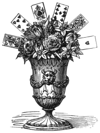 Fig. 285. — A vase with a large bouquet of roses and lilies, and six cards fanned out in a semicircle above the flowers.