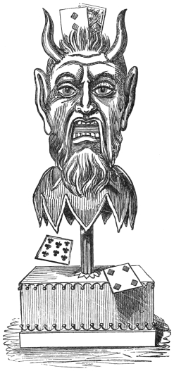 Fig. 286. — The Demon’s Head, a horned and bearded head with staring eyes and open mouth, on a brass column rising from a square base; two cards stand between the horns and two more fly from his mouth.
