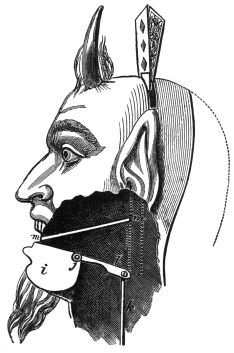 Fig. 289. — The head in profile with the side cut away: the wooden chin block i on its pivot j, raised at the back by the lever l on the shaft k to open the mouth; the card receptacle m m lies just above.