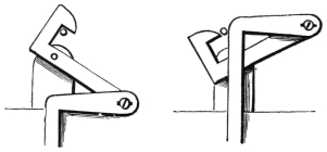 Fig. 293. Fig. 294. — The catch a enlarged. Left, it is hooked over the pin of the blind, holding it down; right, the catch has turned back and released the pin.