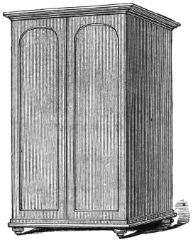 Fig. 298. — The Cabinet of Proteus closed: a tall wooden closet with two arched panelled doors, standing on short feet.