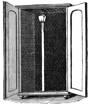 Fig. 299. — The cabinet with its doors open, apparently empty: dark patterned walls and an upright pillar in the middle, with the lamp fixed at its top.