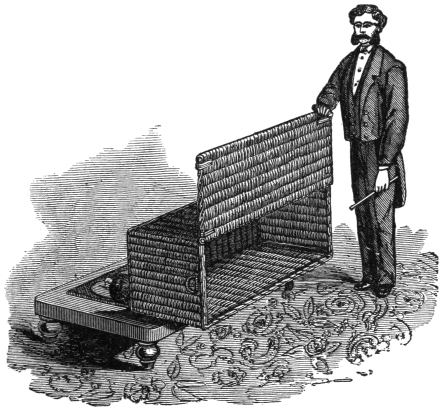 Fig. 301. — The performer, holding his wand, has tilted the basket over on its front beside the low bench and lifts it by the edge; the moveable flap now looks like the empty bottom of the basket.