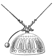Fig. 306. — The magic bell, a glass dome with a row of openings, hung from two cords by hooks at its ornamental brass cap, with the hammer on a wire projecting from the cap to one side.