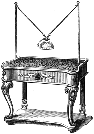 Fig. 311. — A performer's table with a detachable brass rod rising at each side, and the magic bell hung between them by two cords, so that the current can reach it through the rods and the table's legs.