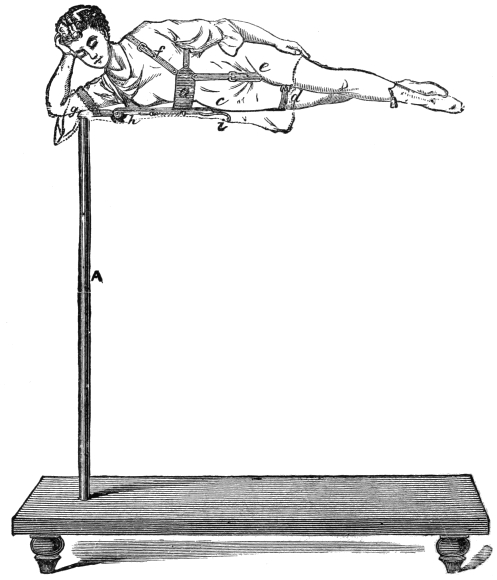 Fig. 314. — She lies horizontal in mid-air, head resting on her hand, supported only by the rod A beneath her right elbow, with the lettered framework showing through her costume.
