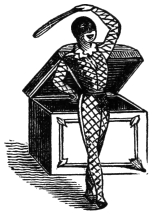 The Magic Harlequin, in his chequered costume, stands up out of his open box with one arm raised over his head.