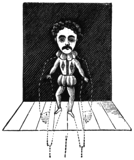 The Living Marionette: a real head fixed to a small puppet body walking on a little stage before a black curtain, with dotted lines showing the performer's own body standing behind it.