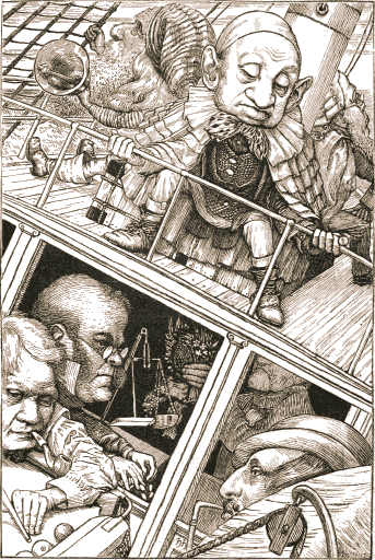 The crew aboard ship: a man in a ruff and night-cap grips the rail above, and below, seen through the hatch, others crowd the cabin, one of them weighing with a pair of scales.
