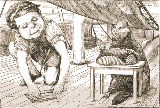 The Butcher, a round-faced boy in a cap, kneels on the deck with a ruler, while the Beaver sits upright at a little table working at the lace on its pillow.