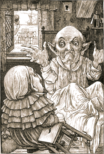 The Baker’s uncle, bald and wild-eyed, sits up in bed and lifts a warning hand, while the young Baker kneels at the bedside with his face hidden; through the window a ship lies at the quay.