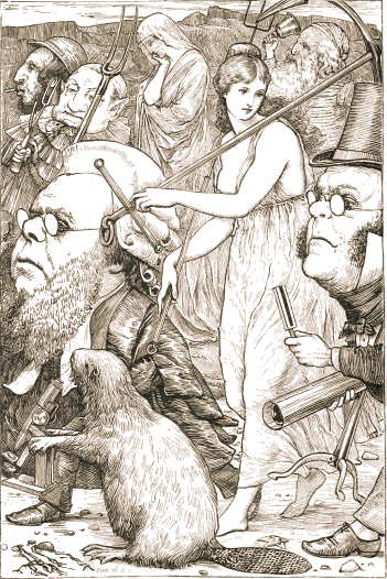 The crew set out on the hunt, carrying forks, thimbles and other odd gear, with the Beaver at their feet and a young woman in a loose gown walking among them.