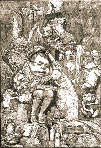 The Butcher sits on a rock in a rocky gorge with a book on his knee, working his sum, the Beaver beside him, while bats, birds and strange small creatures crowd round them.
