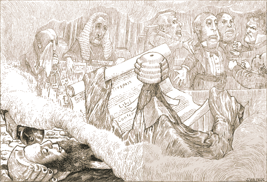 The Barrister lies asleep at the foot of the picture, and above him, in his dream, a court sits: a figure in wig and gown holds up a scroll of charges while judges and jurymen look on.