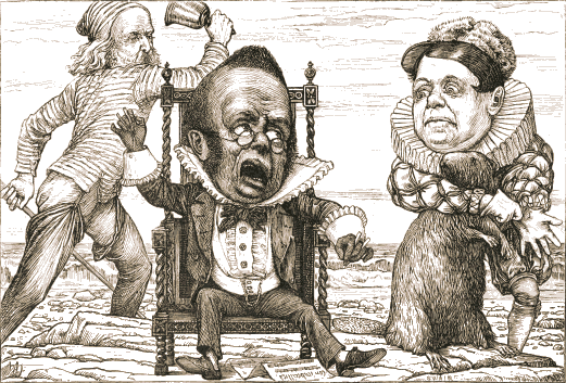 The Banker, black in the face, sits wailing in a carved chair, while the Bellman rings his bell at his ear and the Beaver, in a ruff, looks on.