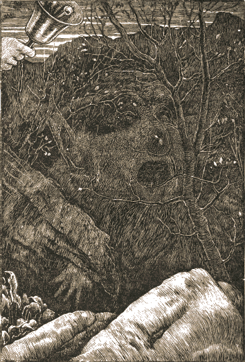 A dark tangle of rock and undergrowth in which a great shadowy face can just be made out, with the Bellman’s bell at the top corner and a hand reaching in from below.