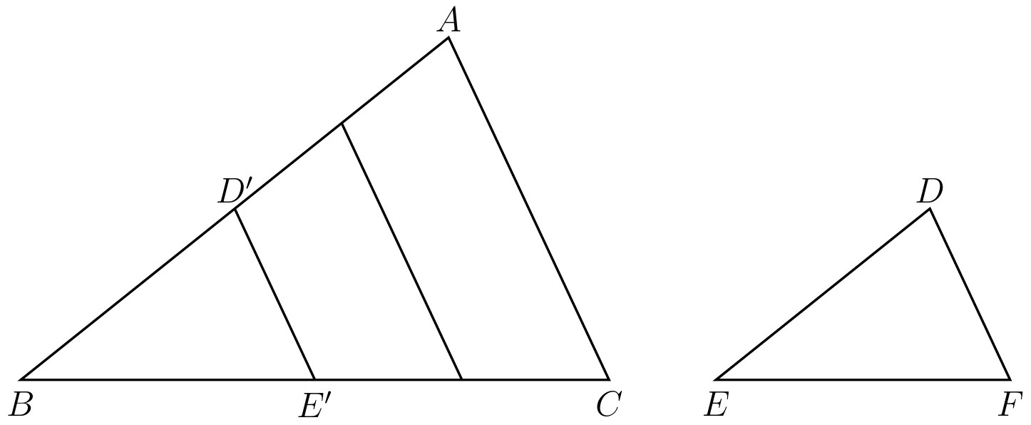 Fig. 24. — Two similar triangles, the larger ABC and the smaller DEF; inside ABC two lines are drawn parallel to AC, one of them D′E′.