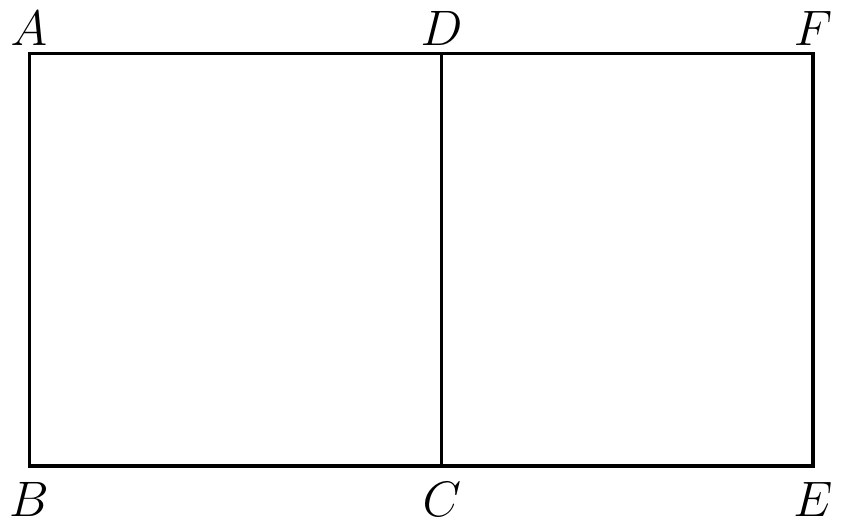 Fig. 25. — A square ABCD and, sharing its side AB, a rectangle ABEF twice as long, made by adding a second square DCEF: the angles all agree but the figures are not similar.