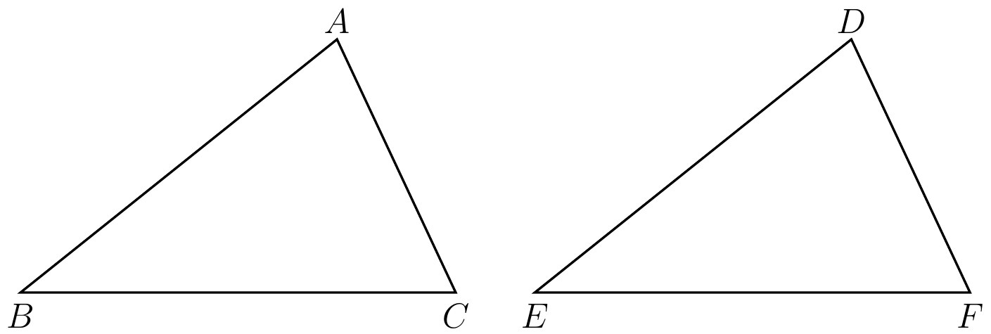 Fig. 33. — Two triangles, ABC and DEF, drawn side by side for comparison of their sides and angles.
