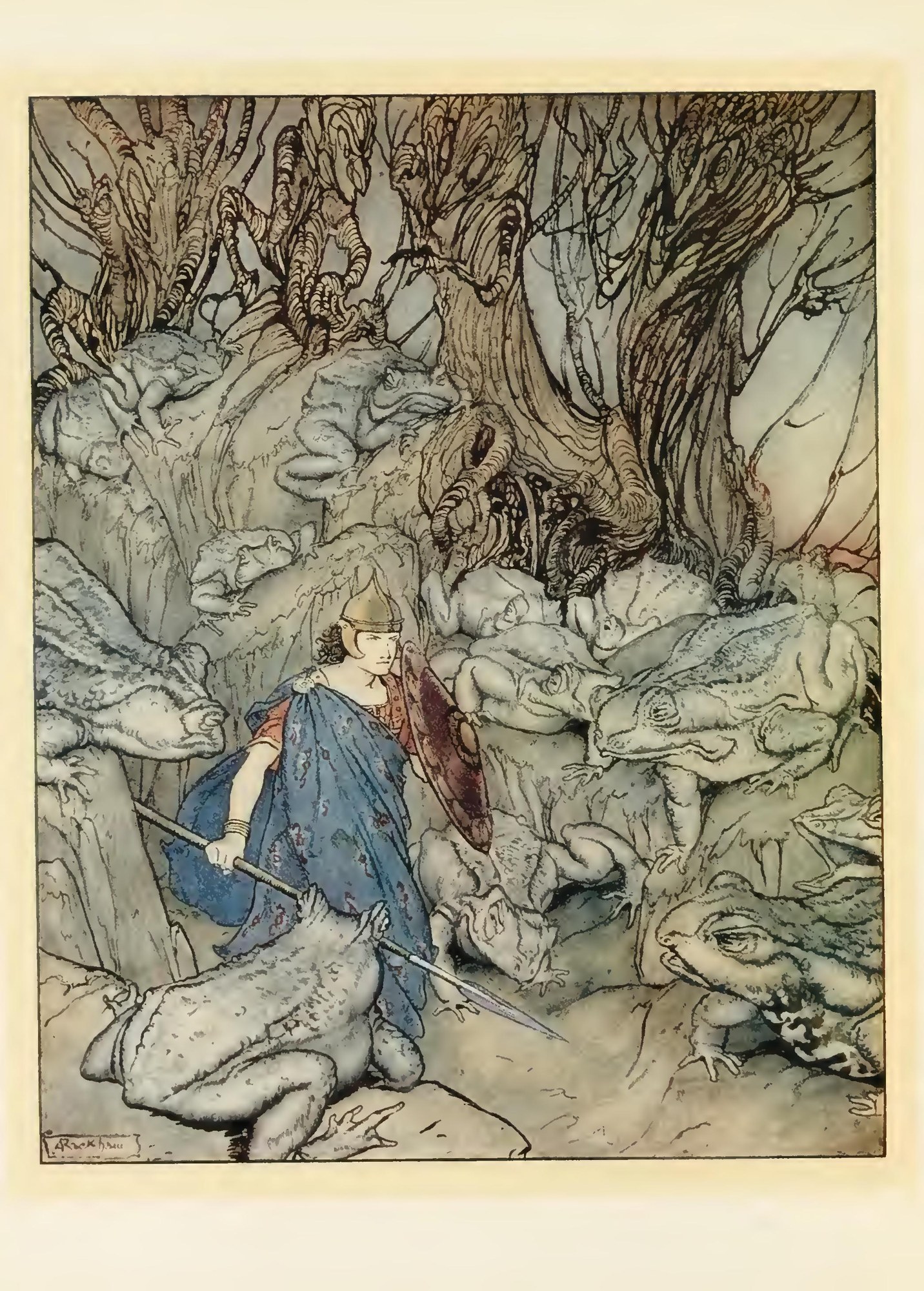 In a forked glen into which he slipped at night-fall he was surrounded by giant toads — A young warrior in a helmet and blue cloak, spear and shield in hand, stands among huge grey toads crouched on the rocks and roots of a gnarled forest.
