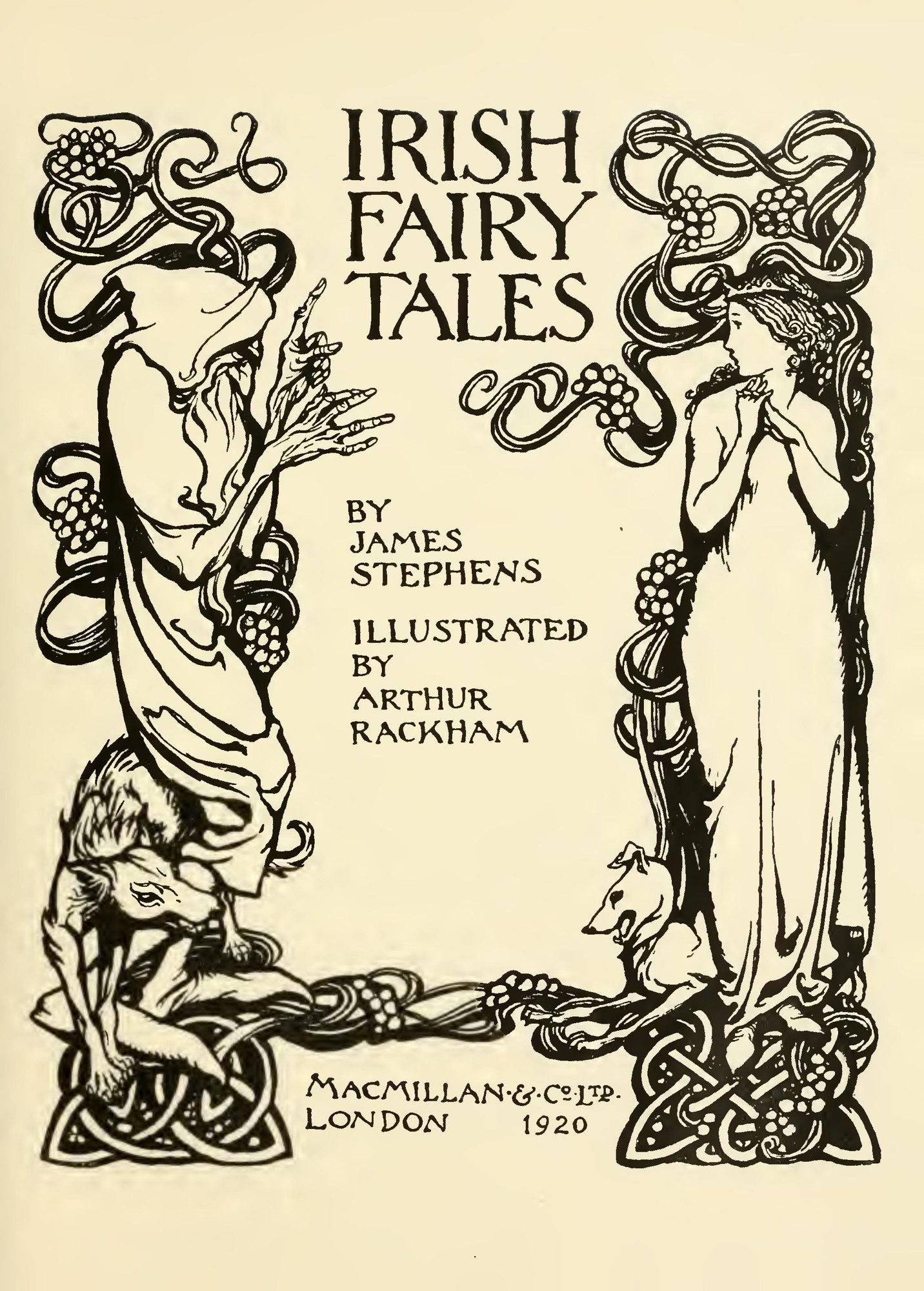 The drawn title page: a hooded, bearded old man with long pointing fingers, a wolf-headed creature at his feet, faces a young woman with a hound, all twined in knotwork.