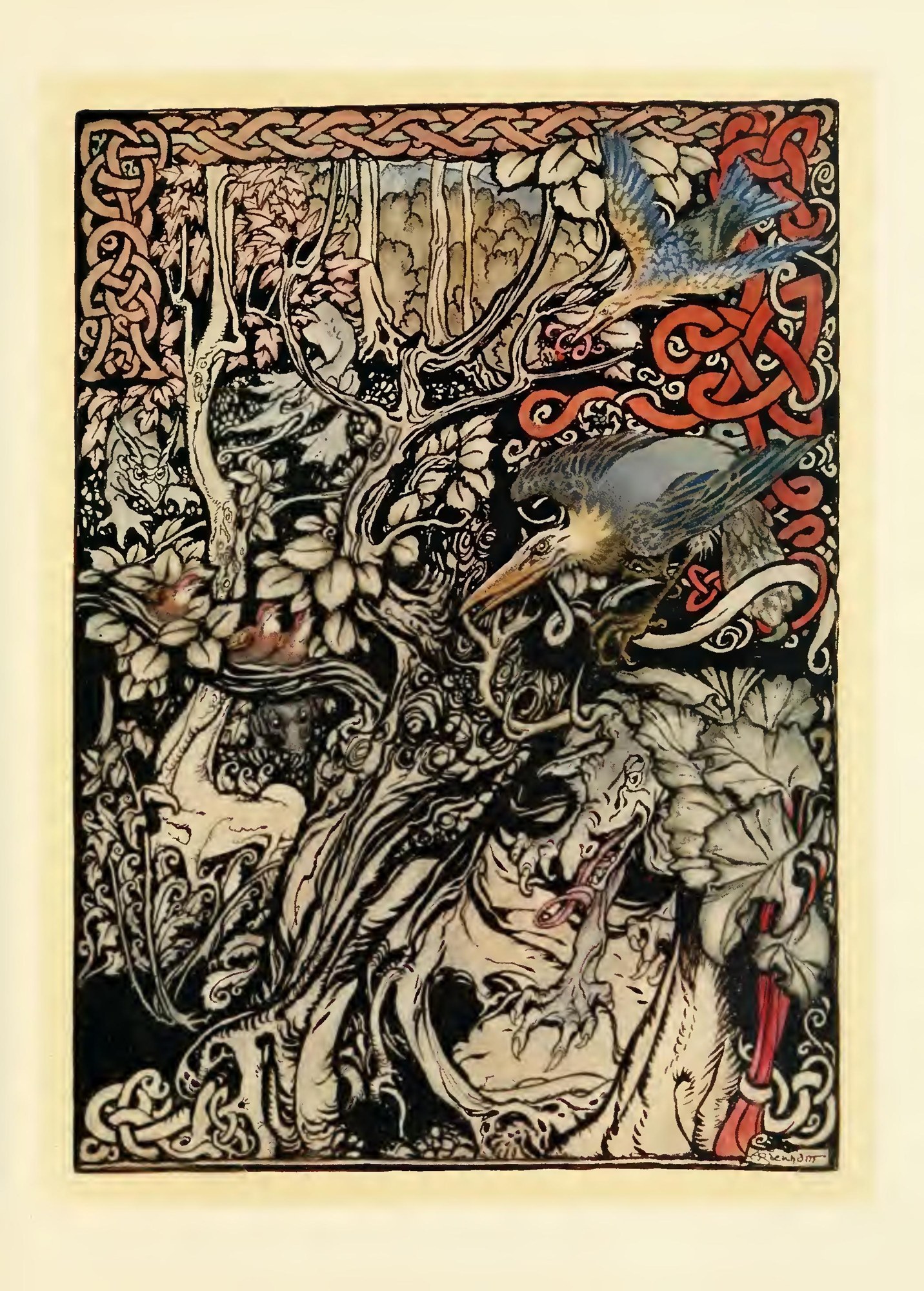 “Wild and shy and monstrous creatures ranged in her plains and forests” — A dense wild wood inside a knotwork border: two long-beaked birds swoop down through the leaves, an owl peers from the branches, fledglings sit in a nest, and a clawed creature crouches among the roots.