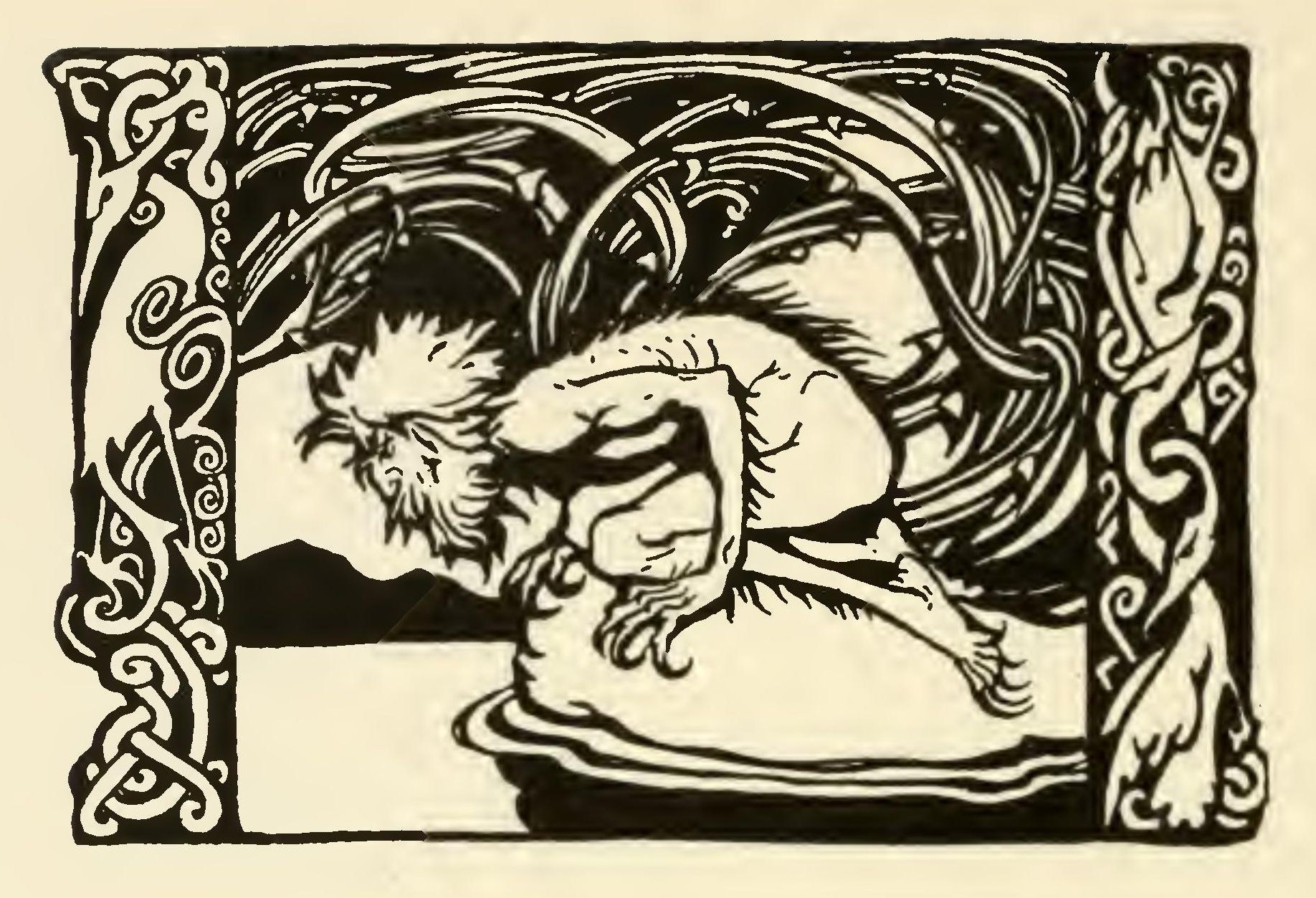 A hairy, wild-haired old man crouches naked on a rock above the sea, gazing out towards the hills, between two panels of Celtic ornament.
