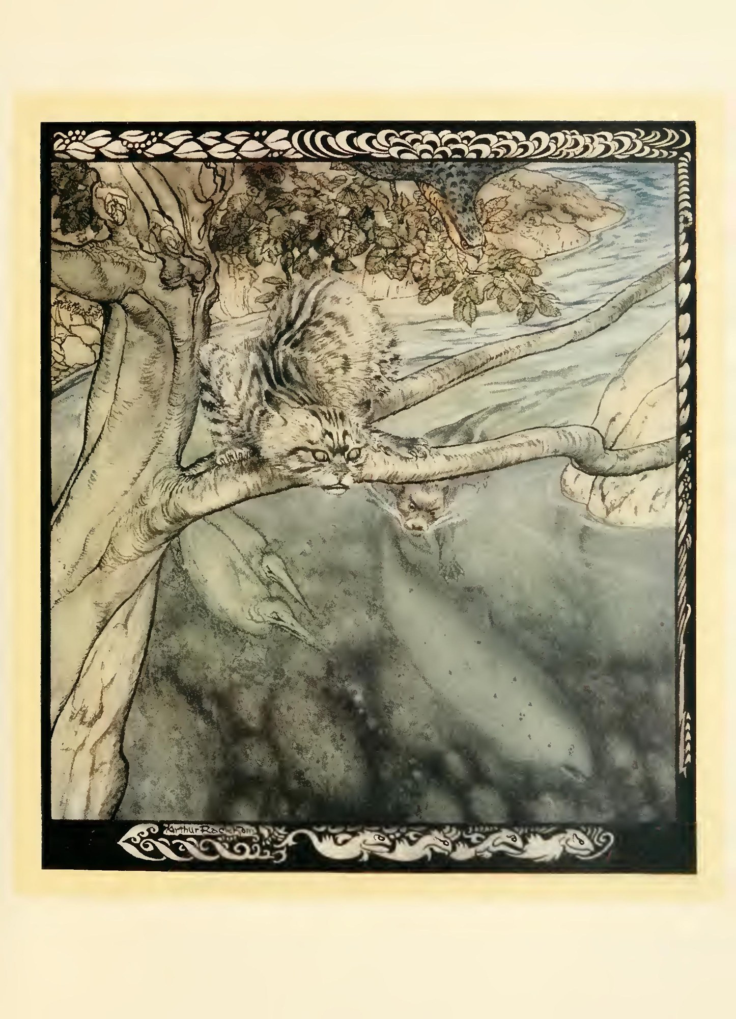 “My life became a ceaseless scurry and wound and escape, a burden and anguish of watchfulness” — A wild cat stretches along a bough low over the river, staring down at the water, with an otter’s face peering from beneath the branch and the dim shape of a salmon below.