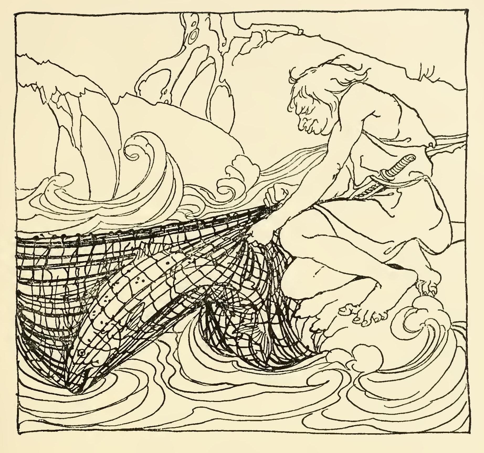 A fisherman with a sword at his hip kneels on the rocks among curling waves, hauling in a net that holds a great salmon.