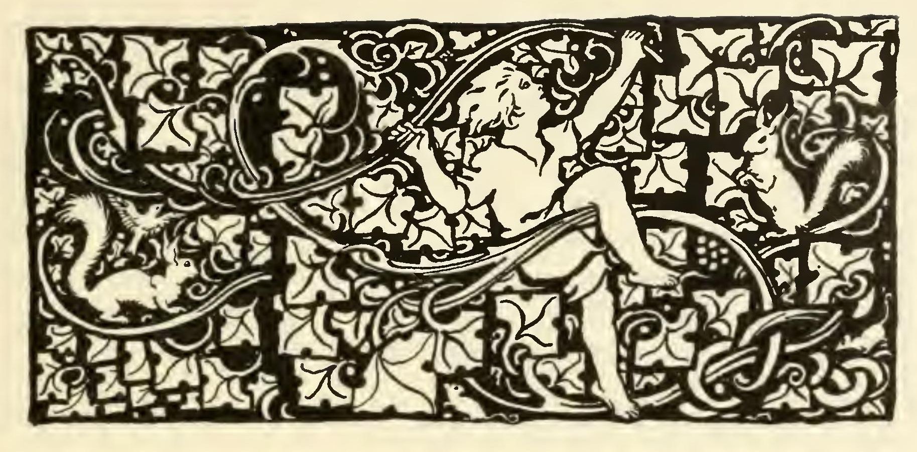 A headpiece of ivy and knotwork: a small naked boy sits in the leaves holding a tendril overhead, with a squirrel at either side.