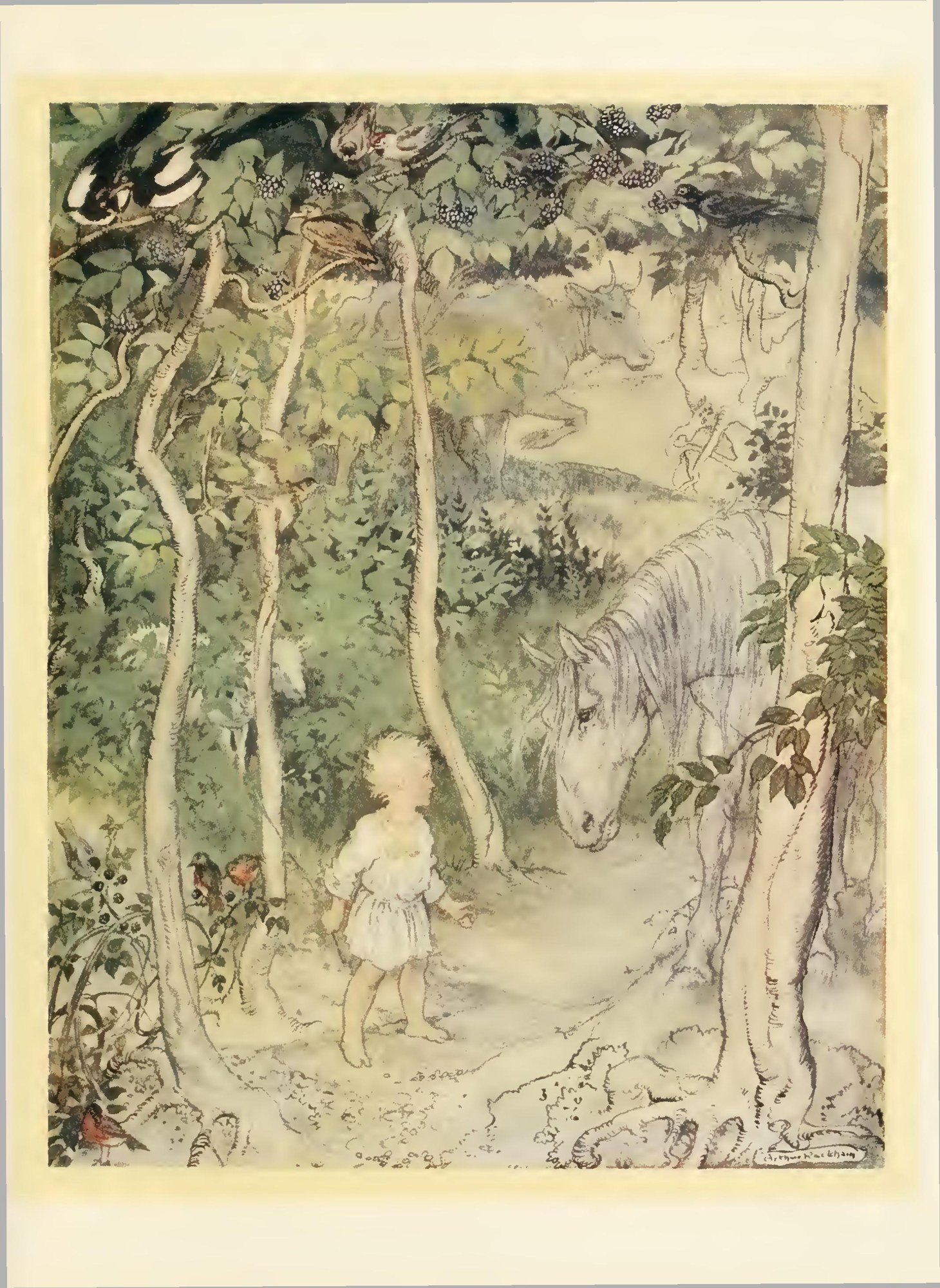 He might think, as he stared on a staring horse, “a boy cannot wag his tail to keep the flies off” — A small barefoot boy in a white tunic stands on a woodland path looking up at a grey horse that bends its head towards him, with a cow, magpies and robins among the brambles.
