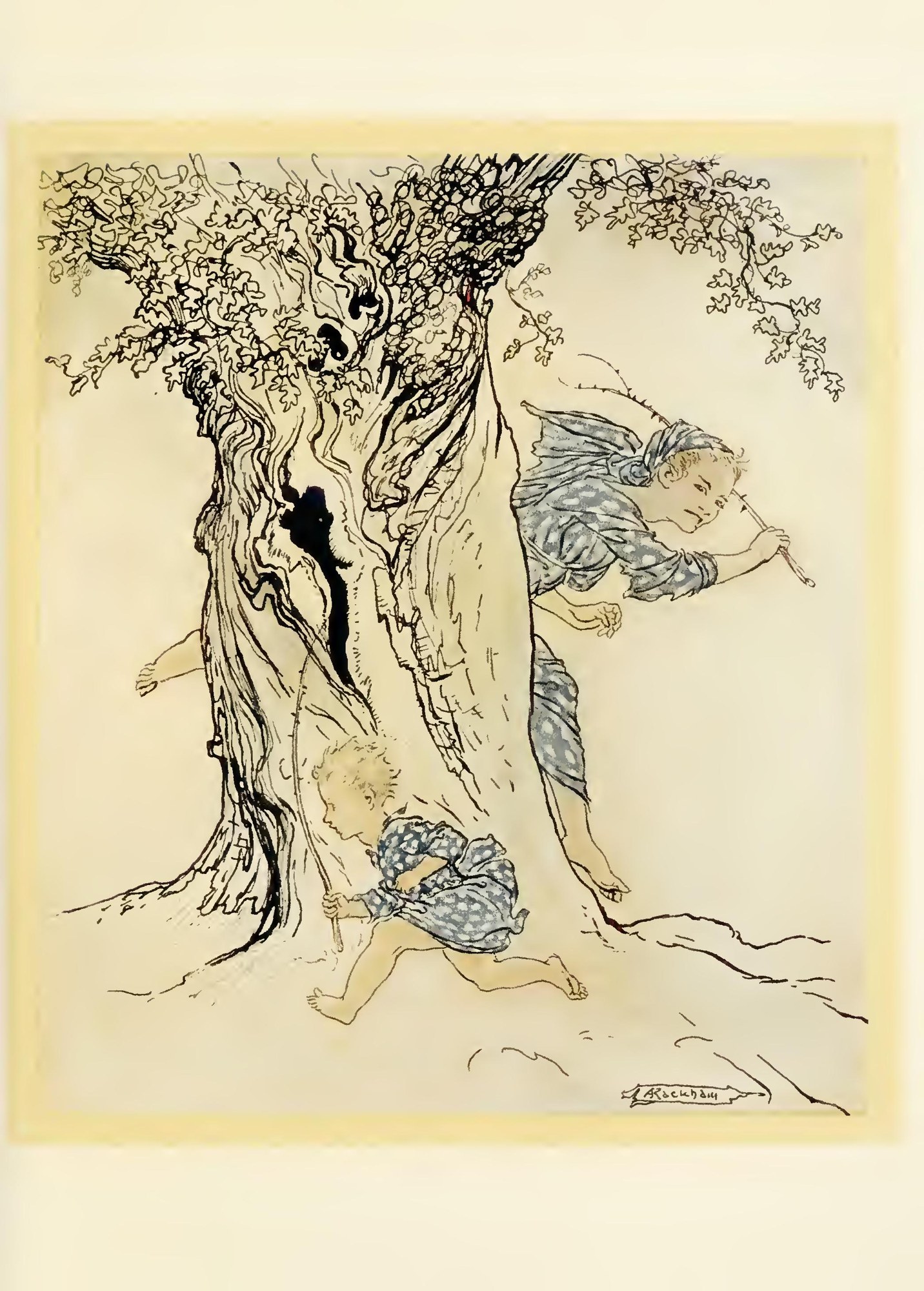 How he strained and panted to catch on that pursuing person and pursue her and get his own switch into action — Fionn, a small boy with a thorn switch, runs round the trunk of an old oak while one of the women druids, in blue with her skirts tucked up, chases him with her own switch.