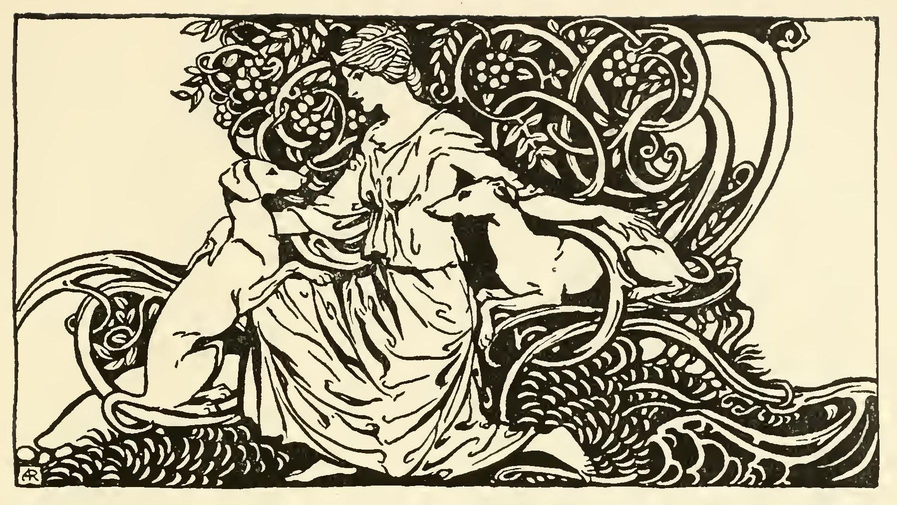 A headpiece: a woman in a long gown sits with two lean hounds pressed against her, one at either side, among vine scrollwork and scaly coils.