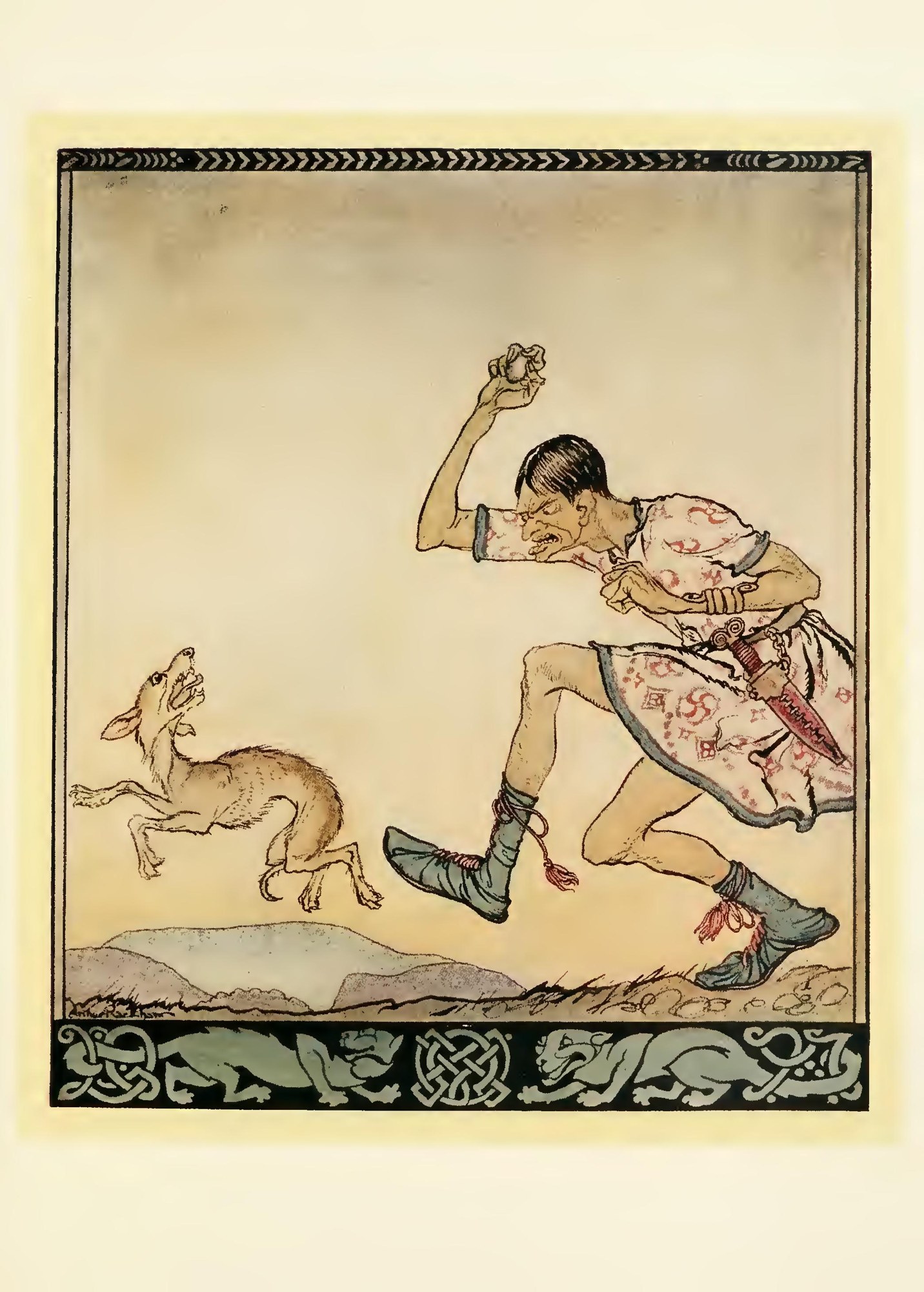 A man who did not like dogs. In fact, he hated them. When he saw one he used to go black in the face, and he threw rocks at it until it got out of sight — Fergus Fionnliath, scowling and baring his teeth, runs with a rock raised to throw at a scrawny dog that leaps away from him, a dagger swinging at his belt.