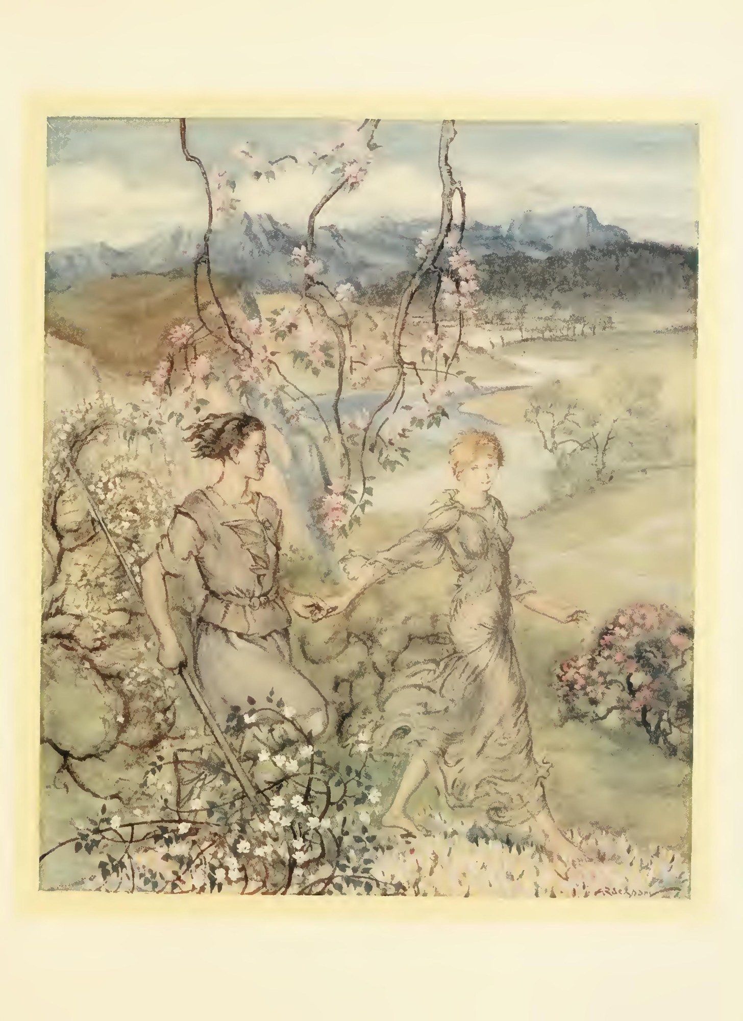 Then they went hand in hand in the country that smells of apple-blossom and honey — Iollan, carrying a long staff, walks hand in hand with Uct Dealv among blossoming trees and bushes, with a river winding towards blue mountains beyond.