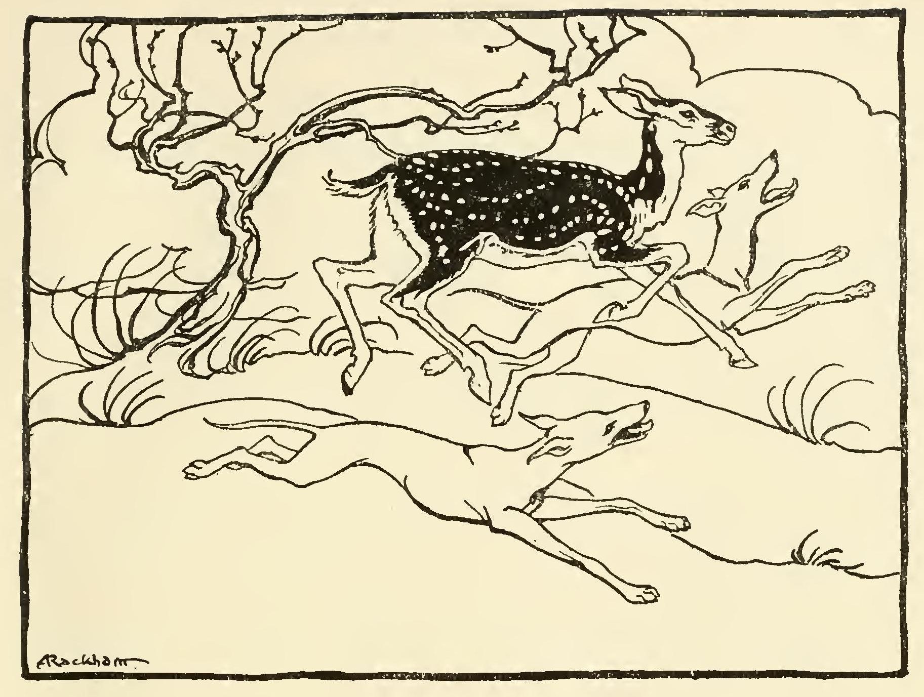 A dark, white-spotted fawn bounds past a bare tree with two slender hounds, Bran and Sceolan, at full stretch behind it.