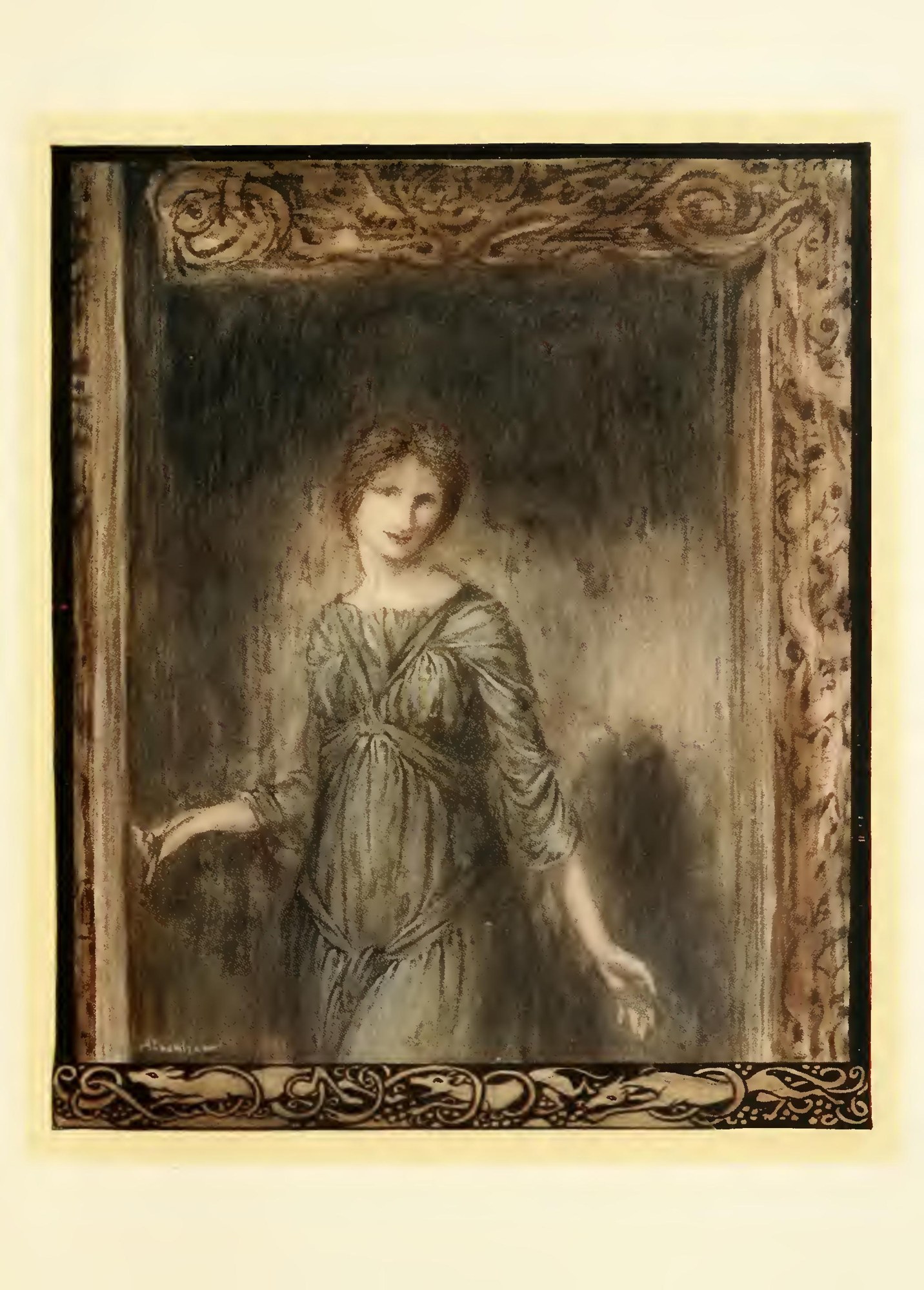 The door of Fionn’s chamber opened gently and a young woman came into the room — A smiling young woman in a grey-green gown steps through a carved doorway out of the dark, one hand resting on the door.