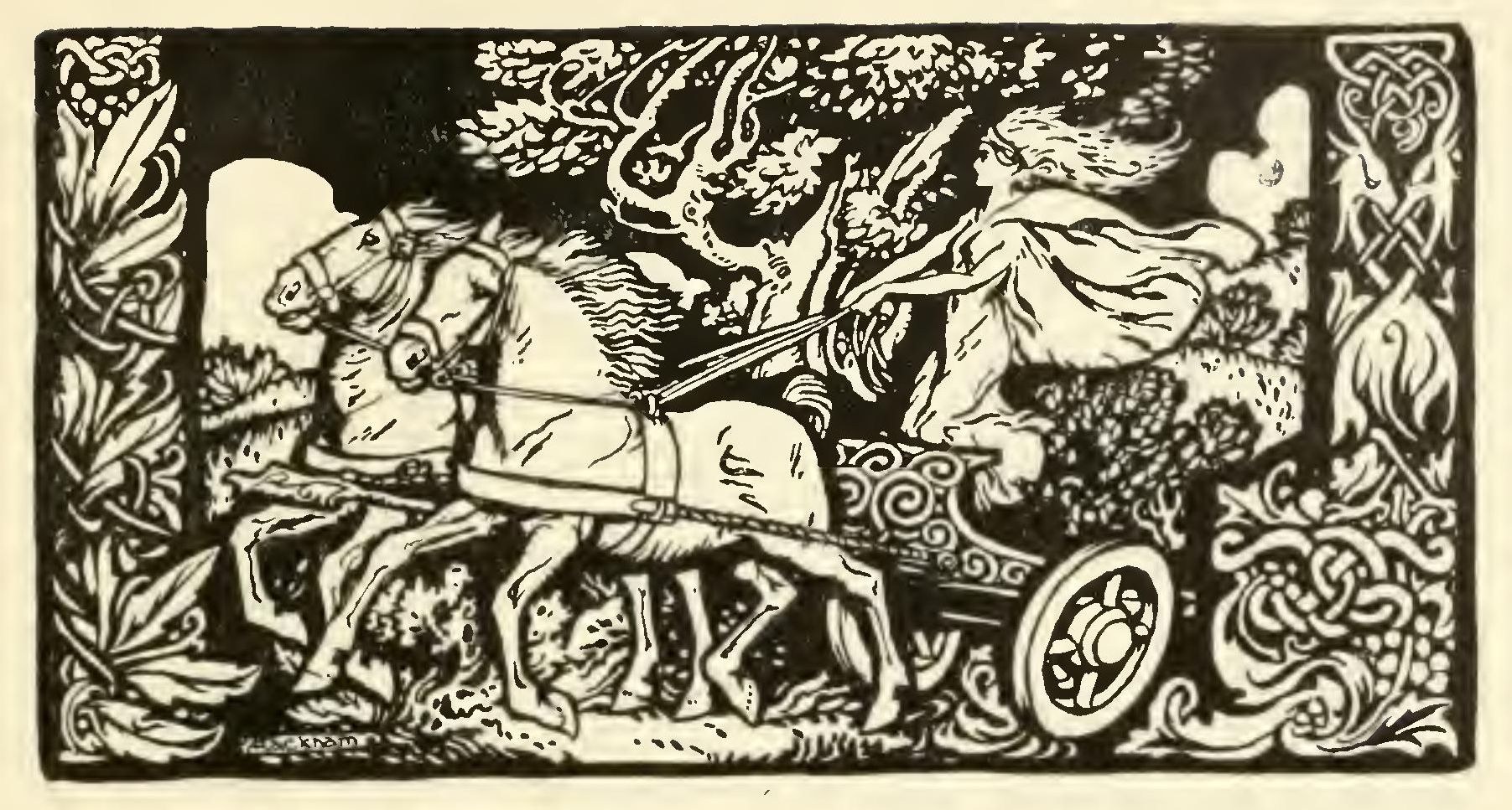 A headpiece: a woman with streaming hair drives a two-horse chariot at the gallop through a wood, framed by bands of Celtic knotwork.