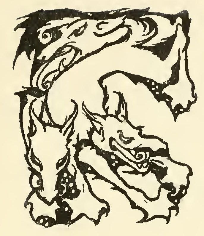 A small tailpiece of dragon-headed beasts with spotted bodies, their necks and limbs interlaced.