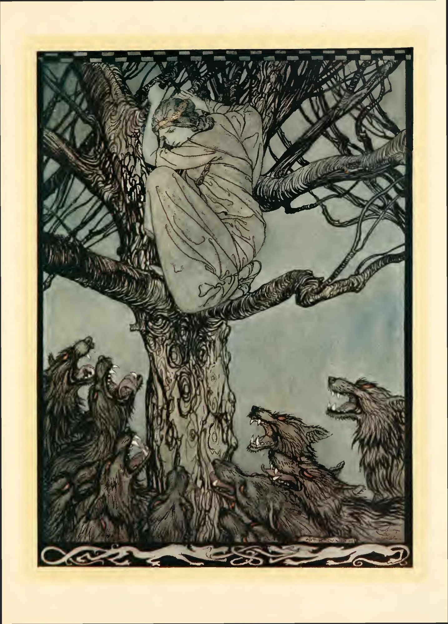 She looked with angry woe at the straining and snarling horde below — Becfola, wrapped in her cloak, crouches on a branch high in a leafless tree while a pack of red-eyed wolves leaps and snarls at its foot.