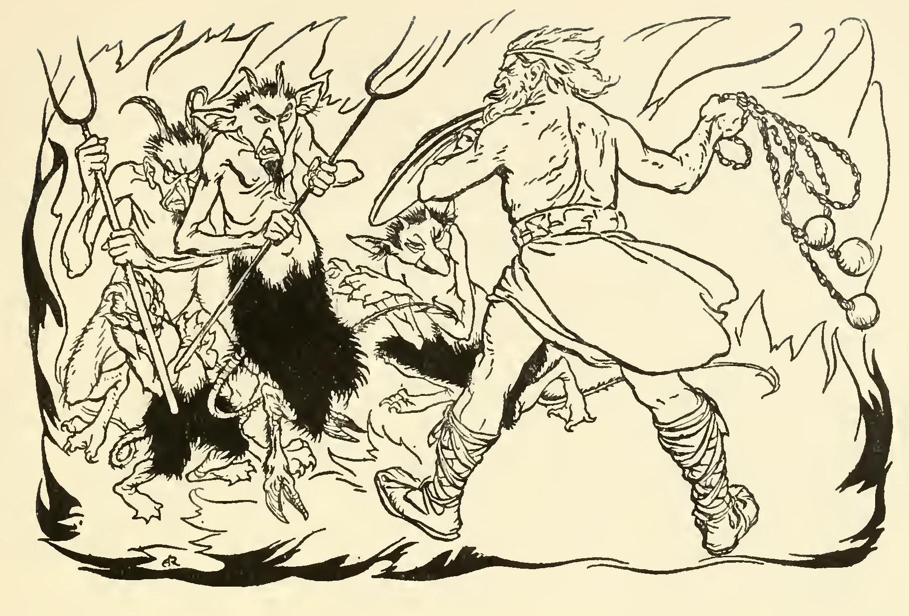 Goll mac Morna, a shield on his arm and a chain swinging three iron balls in his fist, charges a band of horned devils with pitchforks amid the flames of hell.