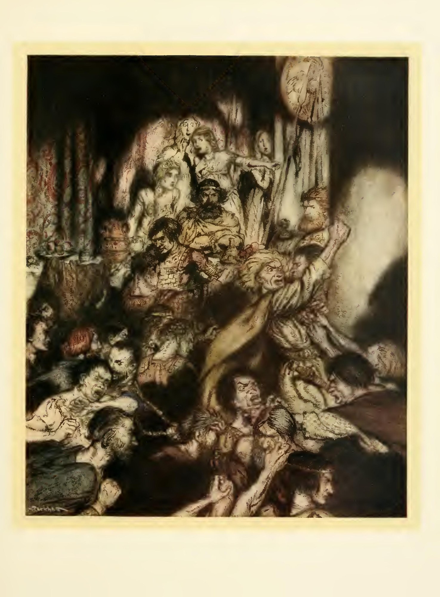 The banqueting hall was in tumult — Men grapple and brawl in the foreground of a dim hall, while a bearded man sits calmly among the struggle and frightened ladies press against the pillars behind.